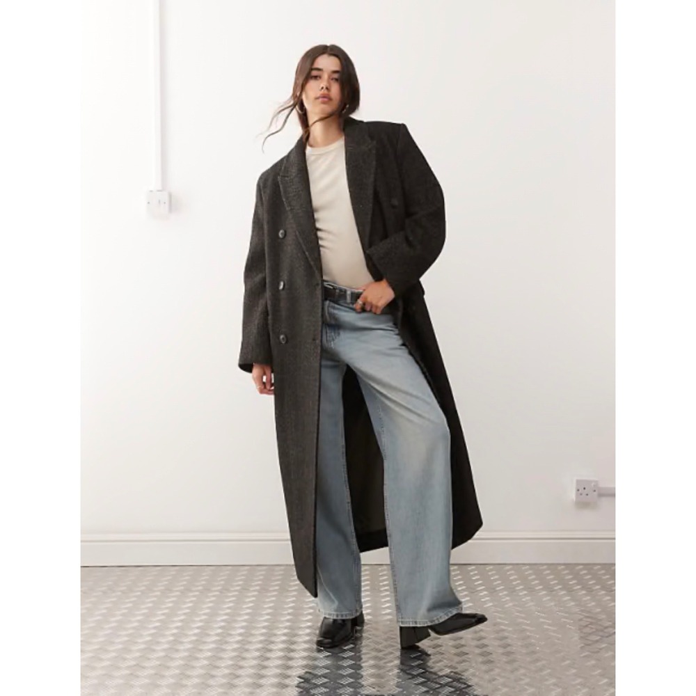 Y2K Black Cashmere Wool Blend Double Breasted Long‎ Coat Jacket Minimalist SZ M